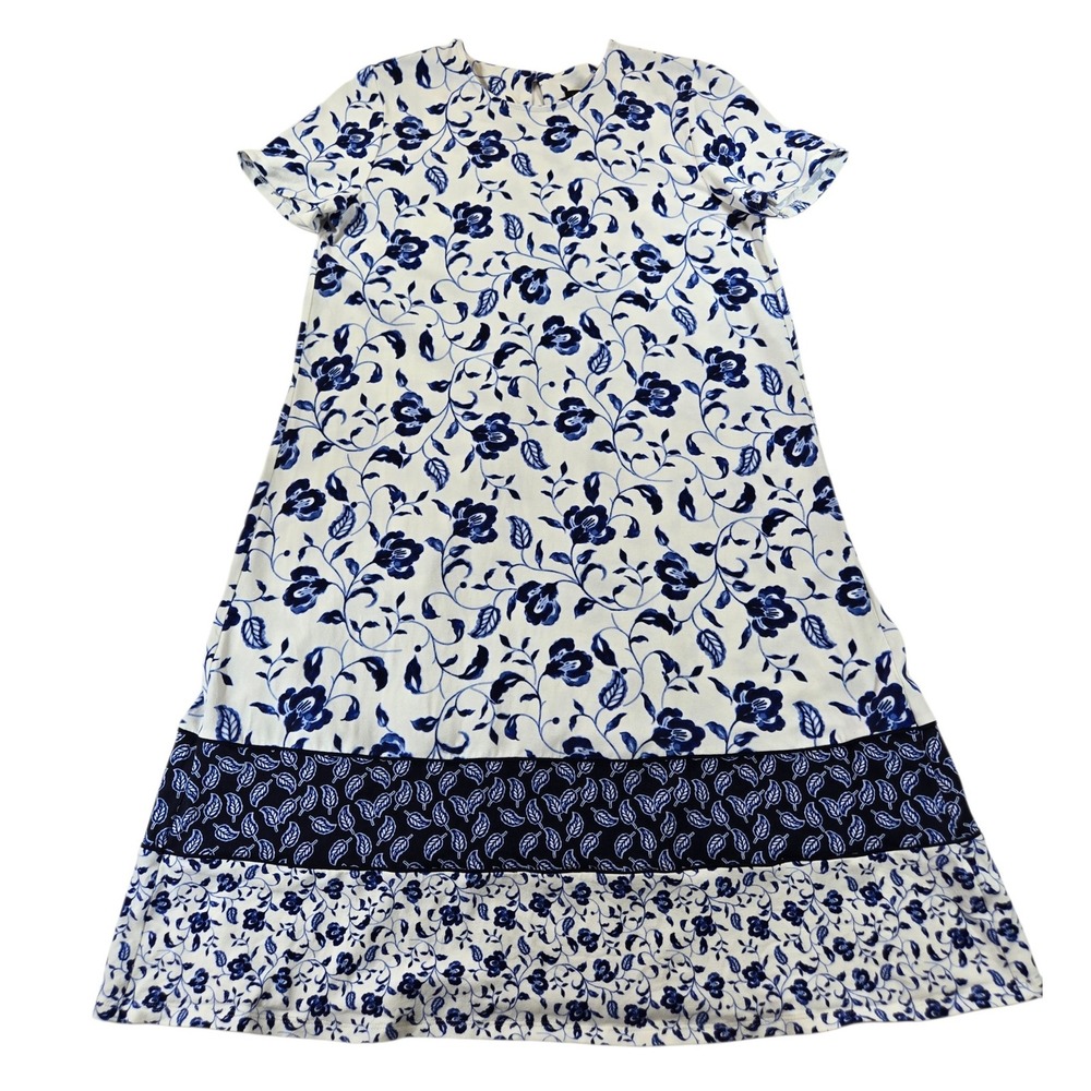 J. Jill XS Wearever Blue White Floral Border Hem Knit Dress Short Sleeve Rayon